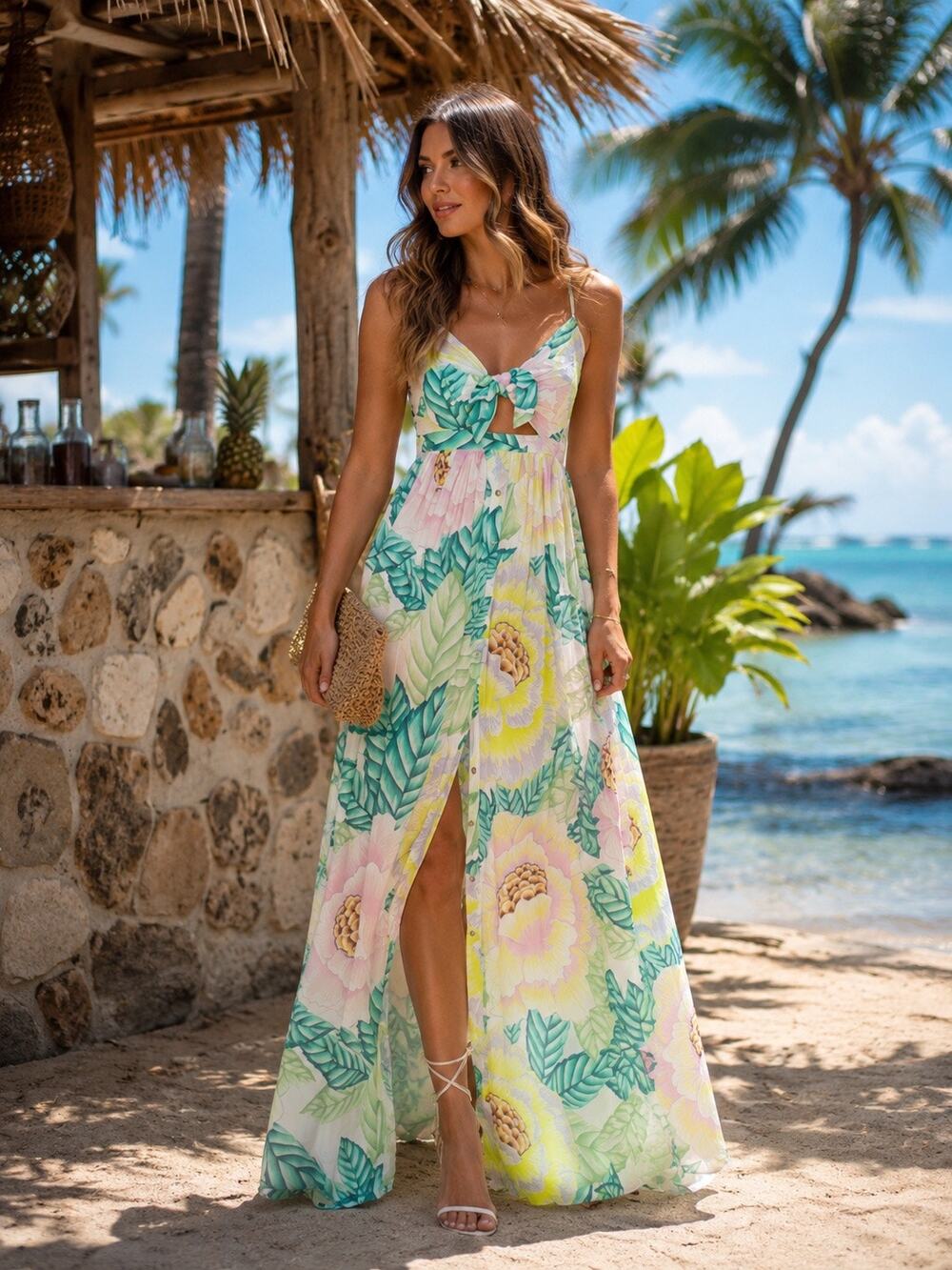 Mara Hoffman Green Pink Flora Stone Floral Maxi Dress Size 0